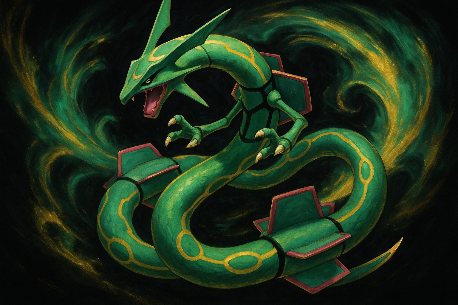 a rayquaza from pokemon on a green and gold black background
